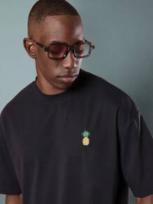 SUMWON 超大号十字绣印花T恤，带有花卉菠萝图案，常规版型棉质街头休闲装，夏季春季假日海滩节