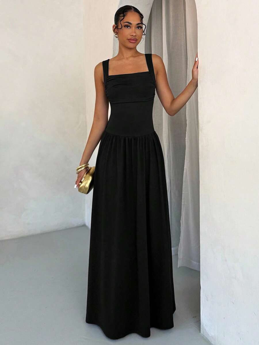 SHEIN BAE Elegancka, jednolita, brązowa sukienka damska z obszernym kołnierzykiem i rozkloszowaną spódnicą, odpowiednia na wiosnę i lato