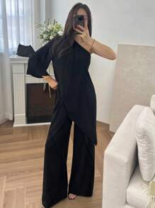 DAZY 女士优雅通勤纯色斜肩T恤和裤子两件套休闲套装 - 黑色 - 查看 1