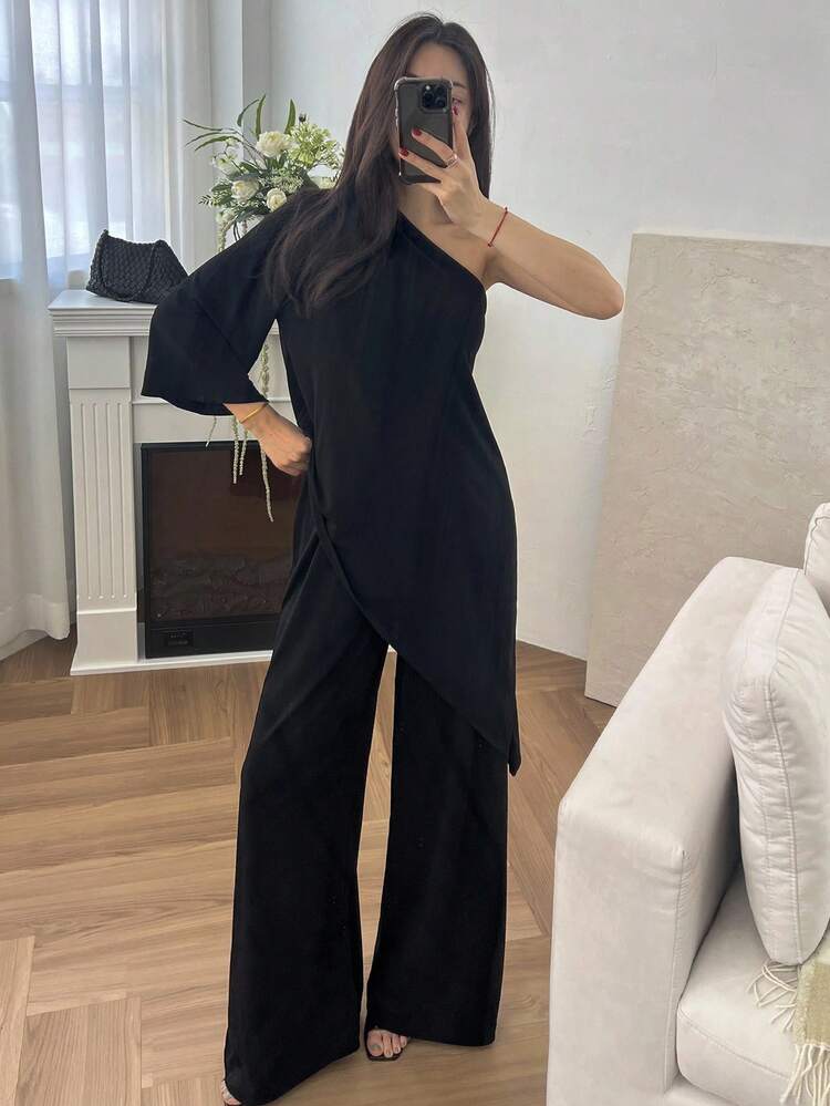 Women's Elegant Commuter Solid Color Oblique Shoulder T-Shirt And Pants 2 Pieces Set