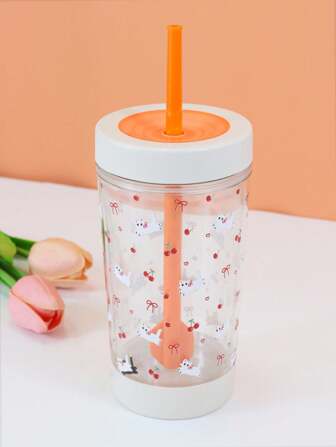Kawaii 1 pieza Taza de paja con tapa, taza reutilizable para beber café con hielo, taza de vagón, regalo para adultos y niños, taza de frutas con diseño de cereza y lindo, taza de paja con diseño de gatito, decoración
