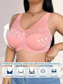 1 件加大码蕾丝拼接舒适无钢圈文胸 - 珊瑚粉 - 查看 3