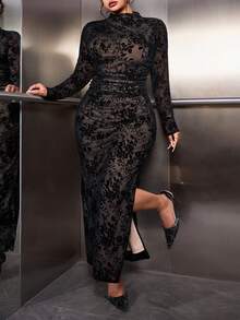 SHEIN EZwear 大码女式性感碎花网眼长袖褶皱高开衩修身连衣裙 - 黑色 - 查看 1