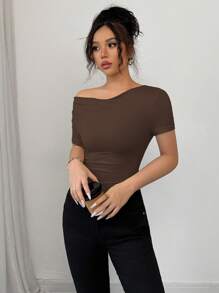 Selianne Elegant Draped Neck Asymmetric Ruffle Short Sleeve T-Shirt, Summer - Coffee Brown - View 5