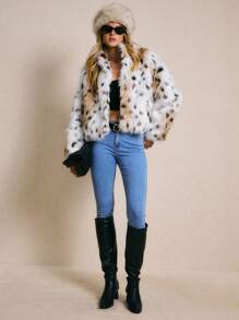 Poéselle Women's Fashionable Leopard Print Faux Fur Coat, Autumn/Winter, Fur Jacket, Leopard Print Coat, Animal Print Coat, Faux Fur Jacket, Snow Leopard Coat - Black and White - View 6
