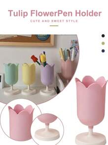SHEIN 1Pc Tulip-Shaped Plastic Pen Holder - Desk Decoration Pen, Cosmetics And Stationery Pen Organizer Suitable For Student Study And Office Signature Pen Storage