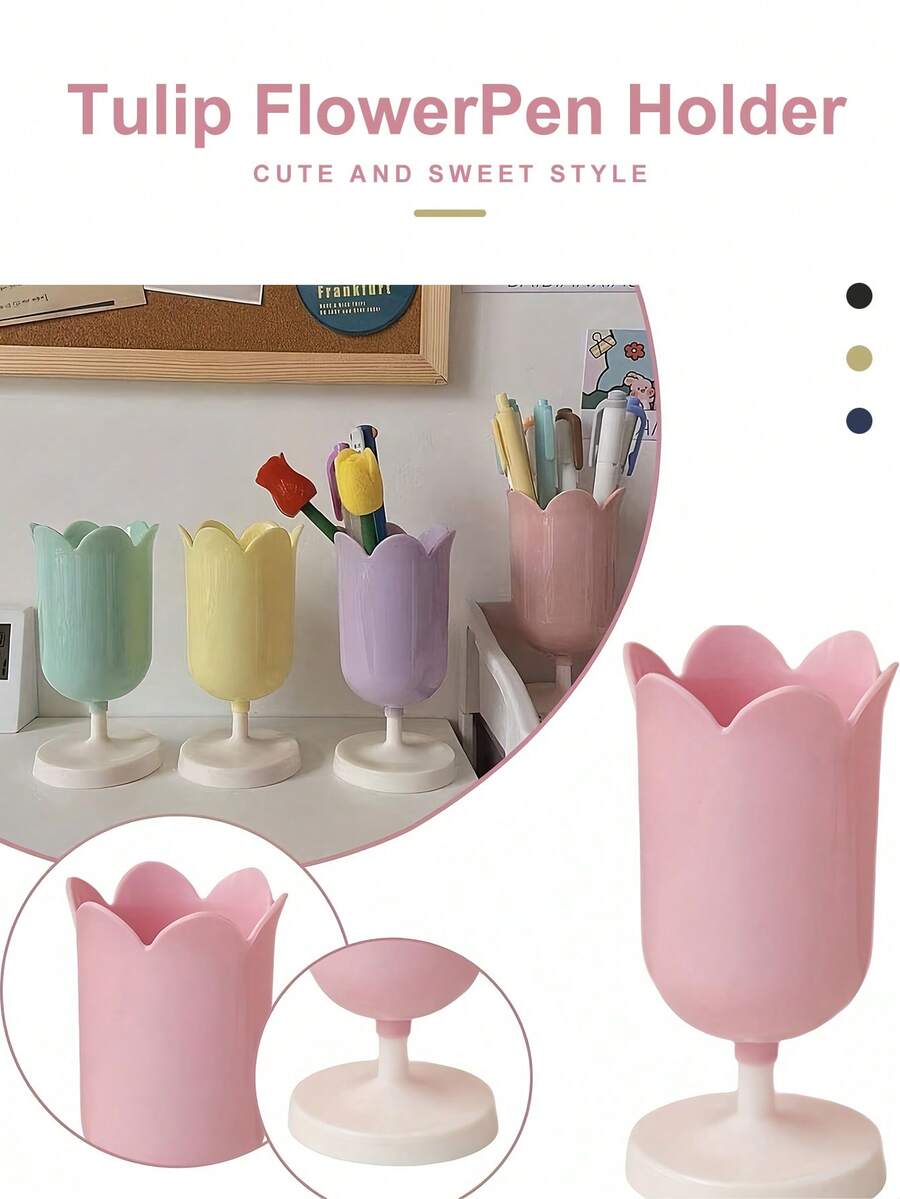 SHEIN 1Pc Tulip-Shaped Plastic Pen Holder - Desk Decoration Pen, Cosmetics And Stationery Pen Organizer Suitable For Student Study And Office Signature Pen Storage