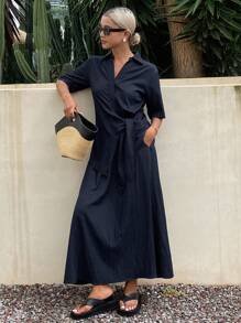 DAZY 2pcs Women Summer Casual Tie-Up Shirt & Skirt Set,Teacher Outfits - Navy Blue - View 5