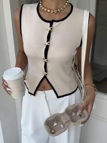 Siren Gaze 杏色女教师套装，秋季女装，撞色滚边设计，海星金属装饰扣，女式海星单排扣时尚针织背心。 - 杏色 - 查看 2