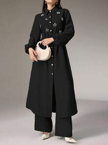 Modelyn 2件套优雅通勤水钻装饰长衬衫和裤子套装 - 黑色 - 查看 5