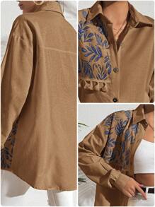 EURMUSE 100%Cotton Plant Print Fringed Drop Shoulder Sleeve Shirt - Mocha Brown - View 5