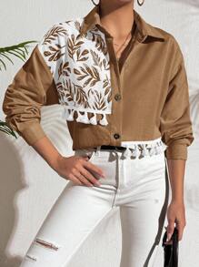 EURMUSE 100%Cotton Plant Print Fringed Drop Shoulder Sleeve Shirt - Mocha Brown - View 6