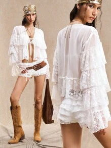 Easelle 女式梭织撞色蕾丝锁眼前系带喇叭袖衬衫，春夏秋 - 白色 - 查看 2