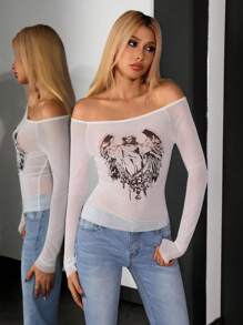 Jeanoix Women's Fashion Angel Print Fitted Cropped Sheer Mesh T-Shirt - White - View 4