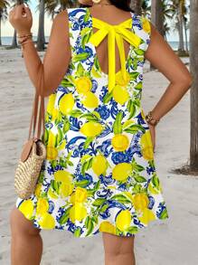 Veykashi 大码女装节日复古假日风格法式夏季清新可爱柠檬图案印花系带无袖休闲连衣裙 - 黃色 - 查看 1