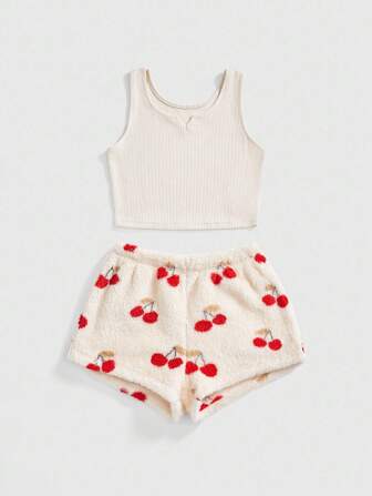Kawaii Ensemble pyjama casual pour femmes avec débardeur côtelé en peluche avec décor de cerise et short