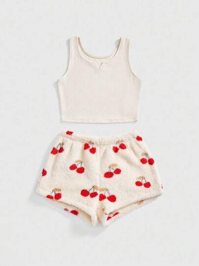 Kawaii Sweetheart Girl Ribbed Plush Cherry Decor Tank Top & Shorts Women Casual Pajama Set, Fall/Winter Clothes, Fluffy, Cozy