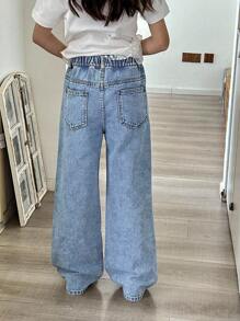 Tween GirlsLight Washed Denim Jeans With Sweet Embroidered Butterfly & Cherry Blossom Patterns, Comfortable Casual Outdoor Elastic Waist Wide-Leg Pants - Light Wash - View 2