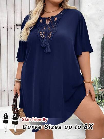 SHEIN CURVE+ 大码性感透视网纱荷叶边侧开衩罩衫，适合夏季、乡村音乐会、曲线身材、波西米亚风度假、假日、节日海滩等场合，女士沙滩裙，海滩度假必备，毕业茶会礼服