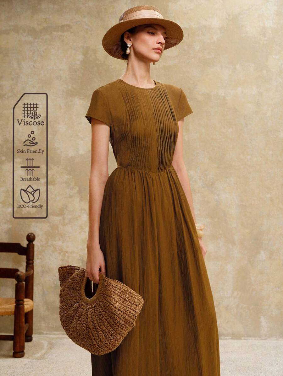 Revavyn Đầm suông nữ chất liệu cotton dệt trơn sọc cổ tròn tay ngắn cạp chun, viền loe, thanh lịch, thích hợp mặc khi hẹn hò, đi nghỉ, dã ngoại, đi làm vào mùa hè và mùa thu - Màu xanh Ô liu - Xem 1