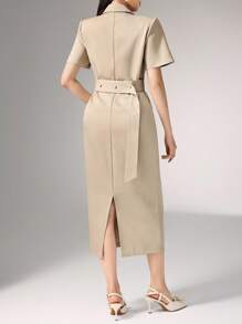 Heiryn Đầm Blazer Tay Ngắn Cổ Quấn Eo Thanh Lịch - Màu Khaki - Xem 5