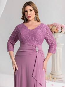 Coutiva Vestido formal largo asimétrico de encaje con cuello en V, parches y lentejuelas, de manga 3/4