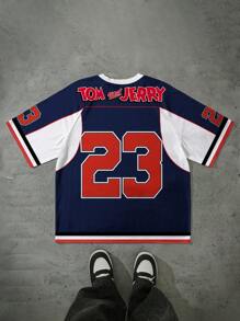 TOM & JERRY X SHEIN Men V-Neck Short Sleeve Summer Casual Sports, Street Cartoon Number & Letter Graphic T-Shirt