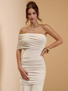 SHEIN BAE 秋季女式纯色杏色不对称肩部褶皱修身长裙/返校礼服/女式婚礼宾客礼服/适合度假、音乐节、生日、早午餐、伴娘、婚礼宾客、优雅礼服派对礼服 - 杏色 - 查看 6