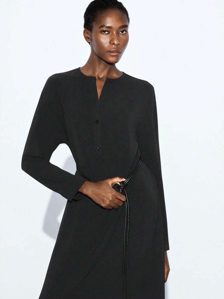 SHEIN Maija Women's Solid Color V-Neck Long Sleeve Casual Long Dress Black Dress Women,Modest Dresses For Women,Fall Women Clothes