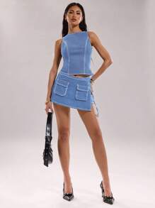 SHEIN BAE Áo denim hở lưng không tay gợi cảm cho nữ, mùa hè - Rửa nhẹ - Xem 3