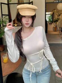 DAZY 女士休闲纯色不对称领带T恤长袖女式上衣