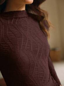 Anewsta Camiseta plisada casual y elegante de cuello redondo para mujer, color marrón - Óxido marrón - Ver 7