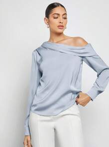 BizChic 春夏新款不对称设计褶皱肩部宽松长袖缎面衬衫，现代优雅都市通勤日常浪漫90年代复古风圣诞节新年情人节派对海滩毕业时尚嘉年华假日百搭简约浪漫风，适合婚礼宾客、主人、约会、派对、音乐会、早午餐、机场等多种场合。 - 淺藍色 - 查看 4