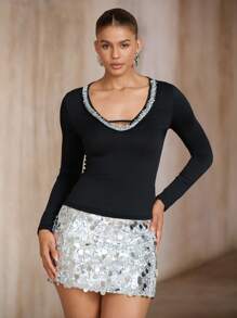 SHEIN Unity 女士休闲百搭修身长袖手工串珠时尚T恤，适合秋季商务休闲、约会之夜等场合。 - 黑色 - 查看 6