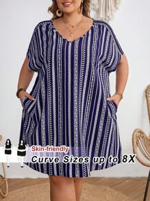 SHEIN CURVE+ Plus Size Music Festival Striped Short Sleeve Dress, Fall,Fall Dresses For Women - Blue - View 1