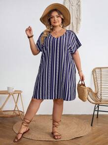 SHEIN CURVE+ Plus Size Music Festival Striped Short Sleeve Dress, Fall,Fall Dresses For Women - Blue - View 5