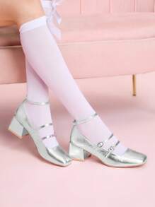 CUCCOO DOLLMOD 女士银色金属扣玛丽珍方头粗跟时尚高跟鞋 - 銀色 - 查看 5