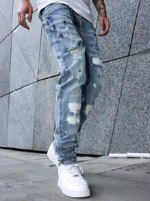 Manfinity EMRG Avant-Garde Gothic Style Long Ripped Jeans In Light Wash Denim For Men Men Paint Splatter Jeans Streetwear Jeans Ripped Jeans Men, Emo Style - Light Wash - View 4