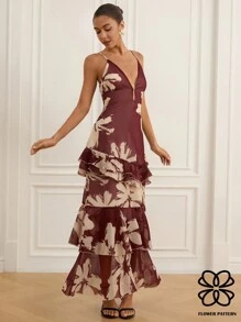 Aveloria Modichic Brush Stroke Random Print Silhouette Flower Contrast Color Chiffon Sleeveless Dress With Ruffle Hem, Elegant & Sexy Women Long Dress - Multicolor - View 3