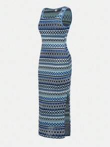 SHEIN 少女夏季休闲无袖长款几何图案侧开衩连衣裙，适合夏季、毕业典礼、返校、度假、节日、午餐、音乐节 - 藍色 - 查看 5