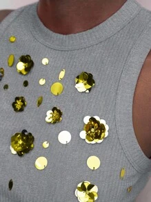 Maija 女士时尚百搭圆领金属 3D 花朵装饰无袖背心，夏季、乡村音乐会、街头女装、风格、时尚、俱乐部、女士教师