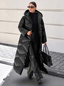 CLARA VERO Women's Solid Color Long Sleeve Single-Breasted Long Casual Hooded Winter Jacket