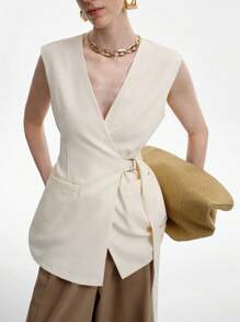 Aalyst Áo khoác Blazer trơn màu không tay, thường ngày, mùa hè - Màu be - Xem 1