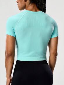 SHEIN Sports Áo thun thể thao ôm vừa vặn tay ngắn màu trơn thường ngày dành cho nữ - Màu xanh lam - Xem 2