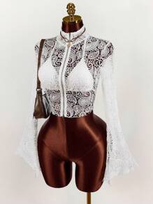 Amplova Áo croptop hở lưng phong cách Hippie dành cho nữ, khóa kéo phía trước - Màu be - Xem 6