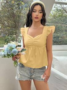 SHEIN Unity Blusa amarilla con textura de unicolor, fruncido en el pecho y cuello en forma de corazón con volante - Albaricoque - Ver 4