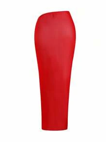 Swim Oasis Plus Size Women's Premium Oasis 2-Piece Red V-Neck Ruched Fitted Swimsuit With Matching Red High Slit Maxi Skirt, Summer Beach Vacation - Red - View 7