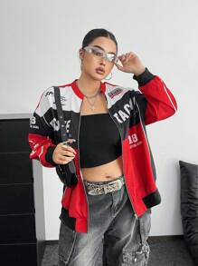 Flirla 复古街头户外立领字母印花机车夹克，女式春秋棒球外套 - 彩色 - 查看 3