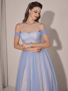 Poshira 优雅高端撞色蕾丝露肩晚礼服，奢华迷人主持人礼服 - 淺藍色 - 查看 6