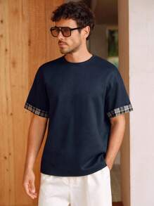 Manfinity BRENVOR 男士春夏欧式时尚格纹拼接双层面料撞色休闲圆领藏青色短袖T恤 - 藏蓝色 - 查看 6